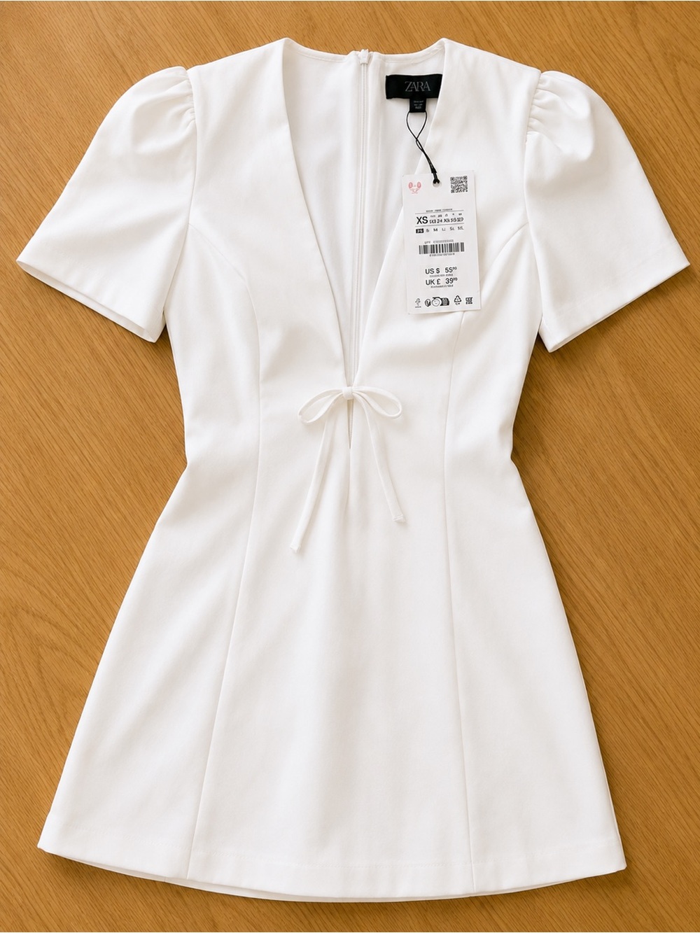 Zara White V-Neck Tie-Front Mini with Puff Sleeves